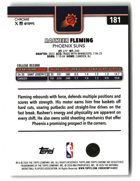 Rasheer Fleming 2025-26 Topps Chrome Update #181