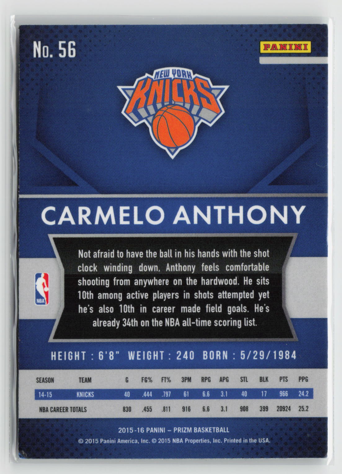 Carmelo Anthony 2015-16 Panini Prizm #56