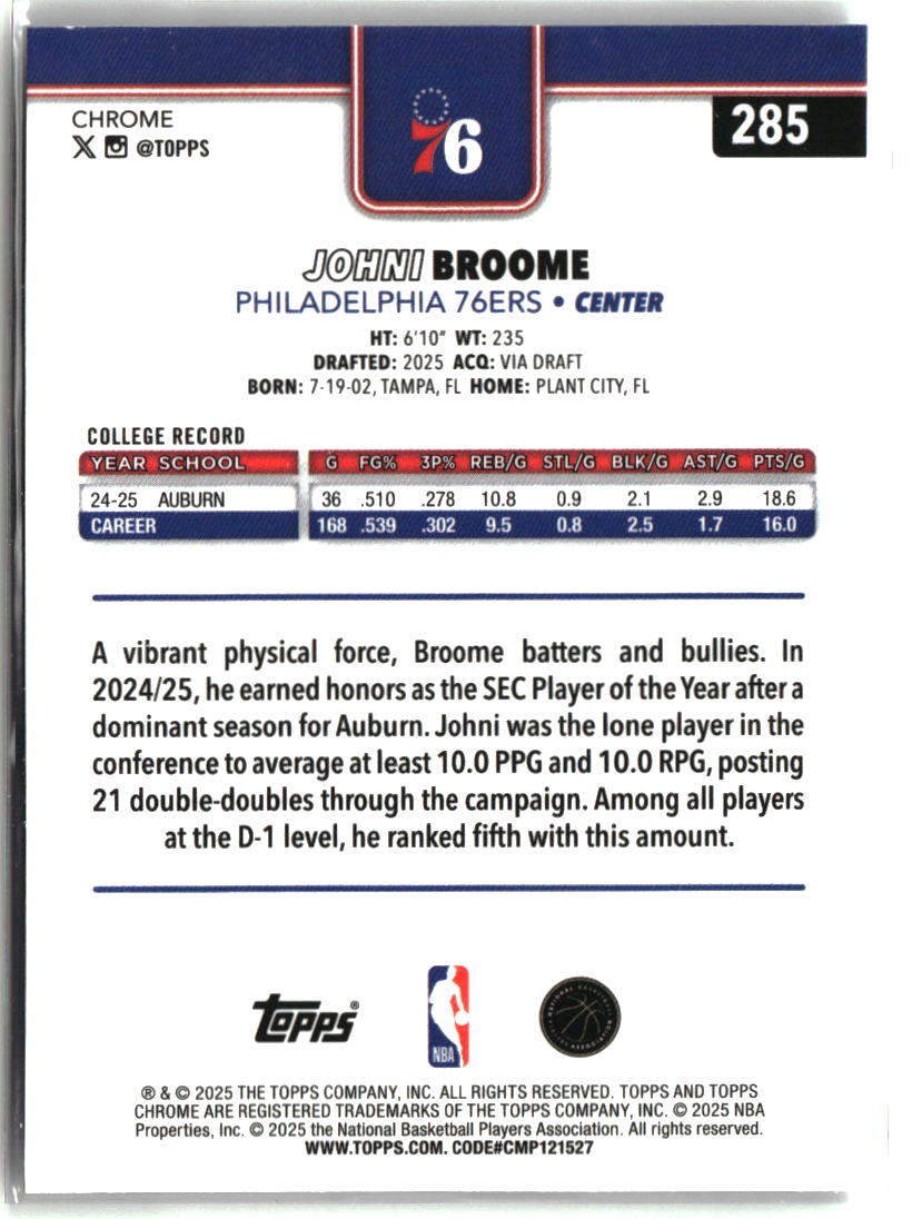 Johni Broome 2025-26 Topps Chrome #285