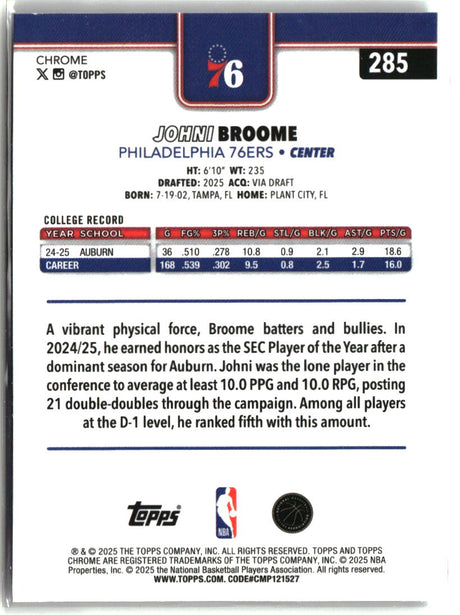 Johni Broome 2025-26 Topps Chrome #285