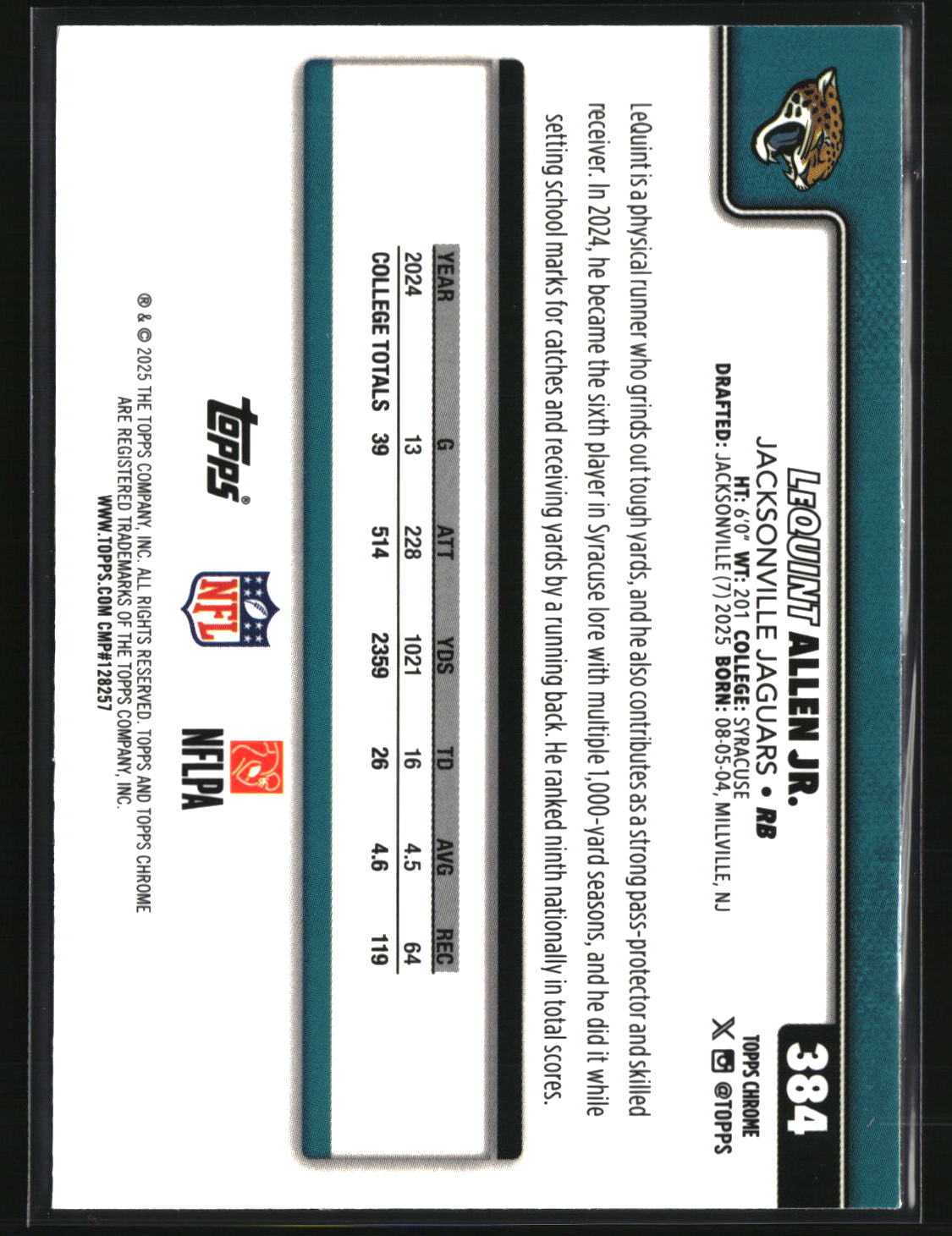 LeQuint Allen Jr 2025 Topps Chrome Football #384