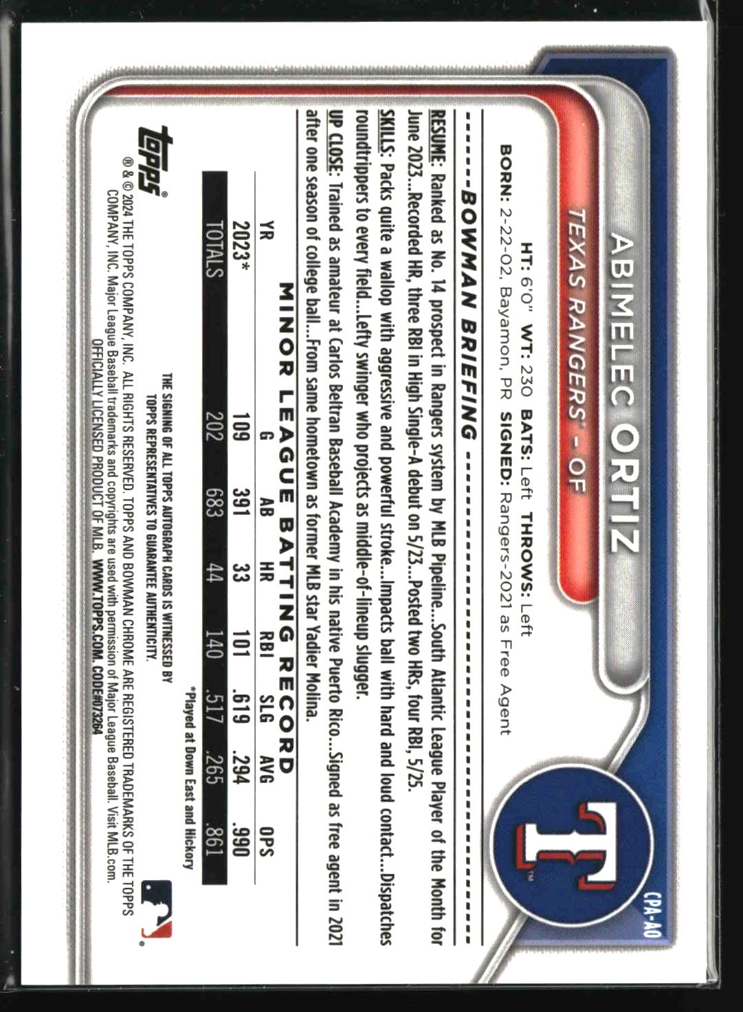 Abimelec Ortiz 2024 Bowman Chrome Prospect Autographs #CPA-AO