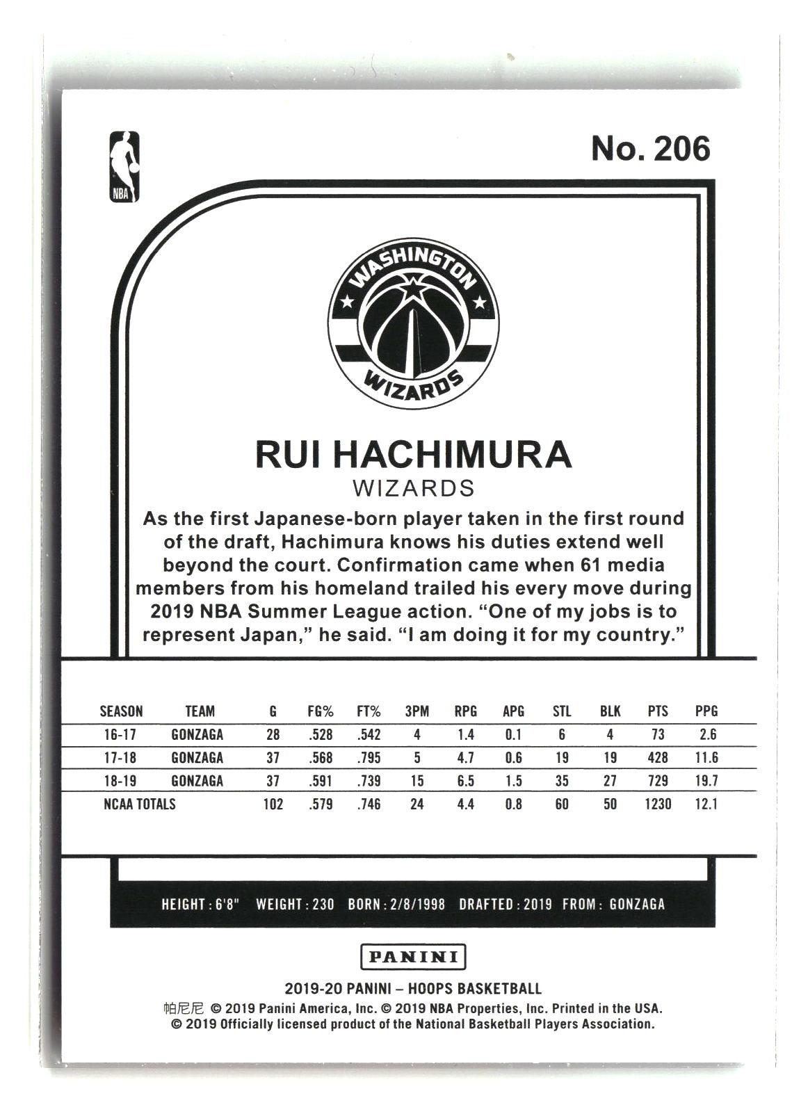 Rui Hachimura 2019-20 Hoops #206