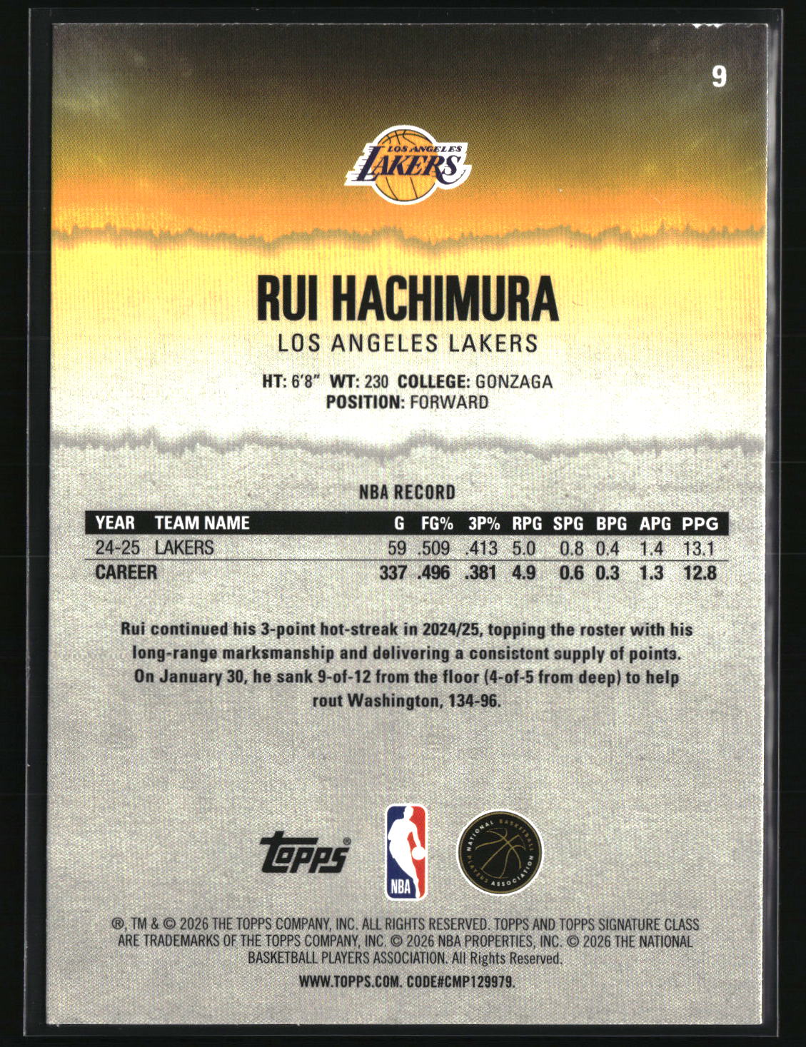 Rui Hachimura 2025-26 Topps Signature Class Blue & Orange #9