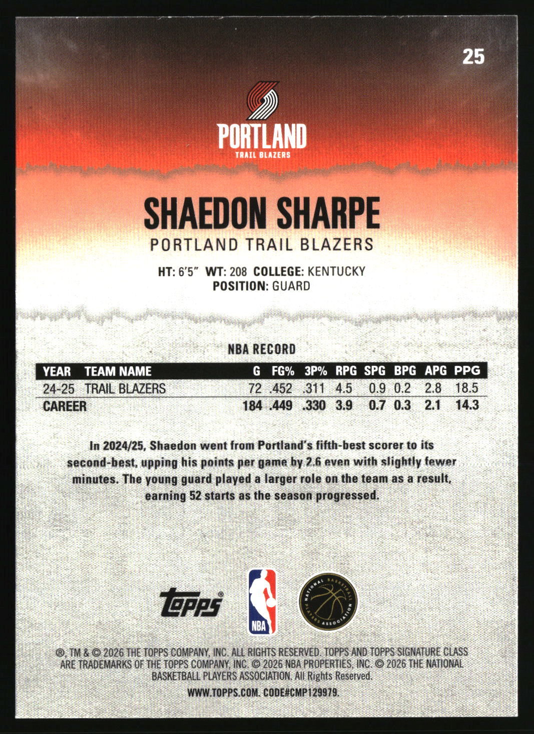 Shaedon Sharpe 2025-26 Topps Signature Class #25
