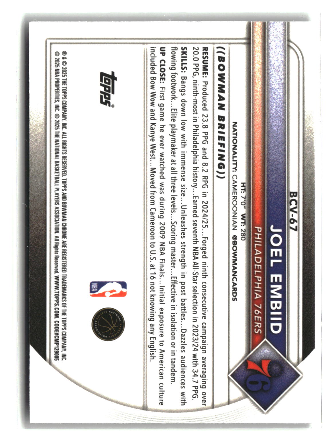 Joel Embiid 2025-26 Bowman Chrome Reptilian Refractors #BCV-67