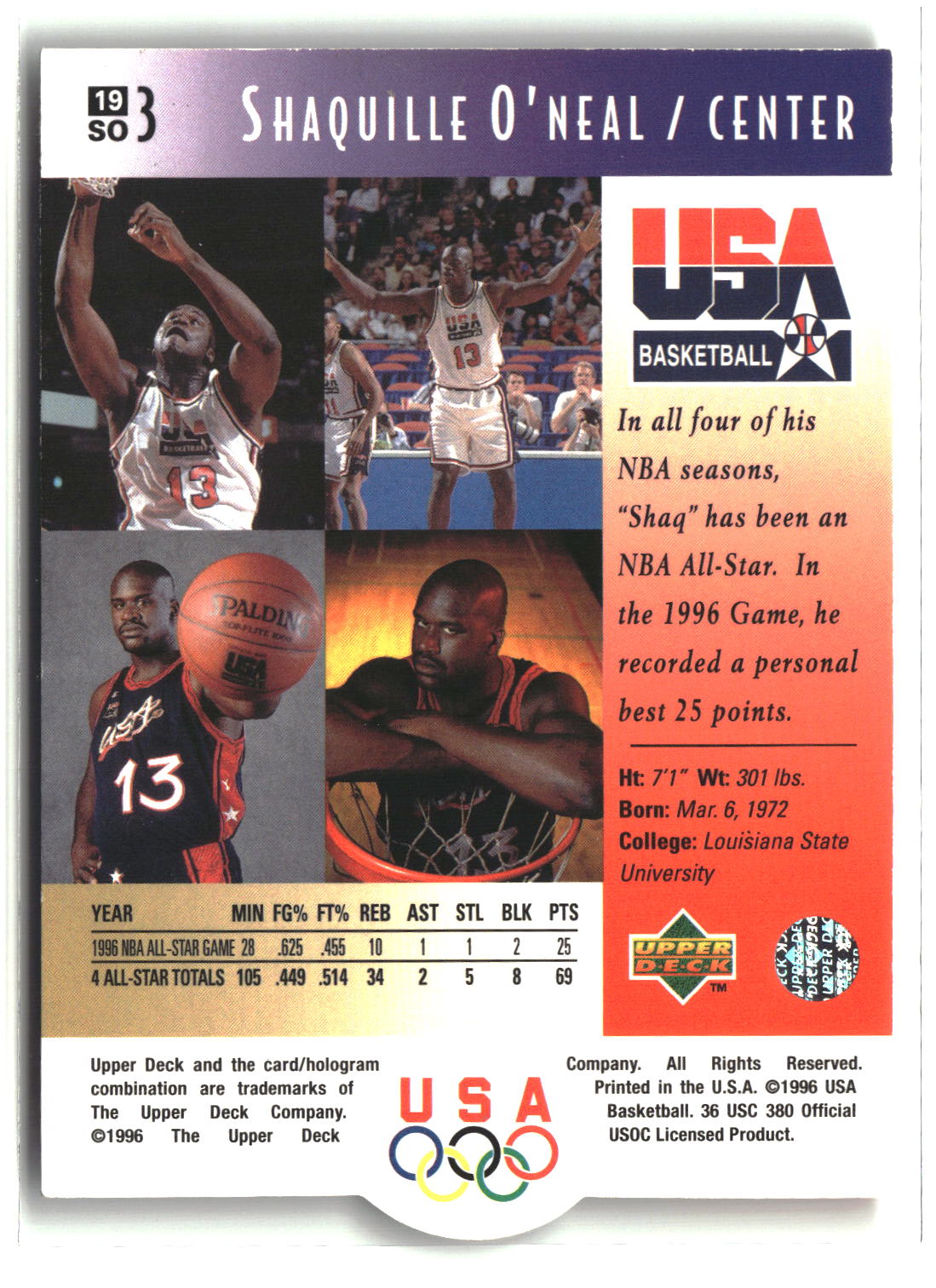 Shaquille O'Neal 1996 Upper Deck USA #19