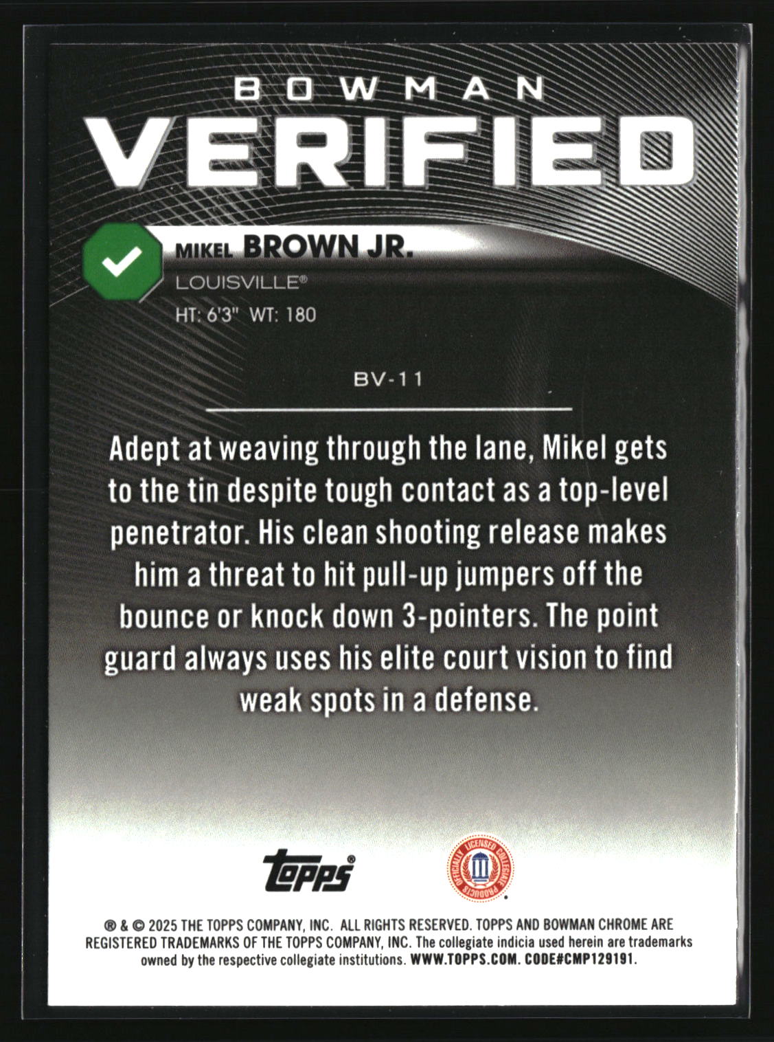 Mikel Brown Jr. 2025-26 Bowman Bowman Verified #BV-11