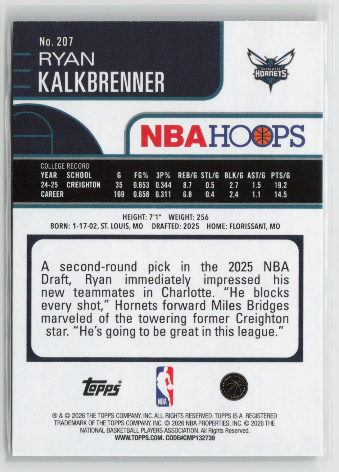 Ryan Kalkbrenner 2025-26 Hoops #207