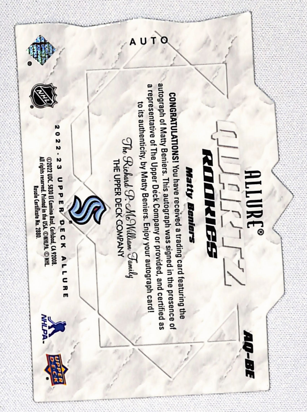 Matty Beniers 2022-23 Upper Deck Allure Quartz Rookies Autographs #AQ-BE