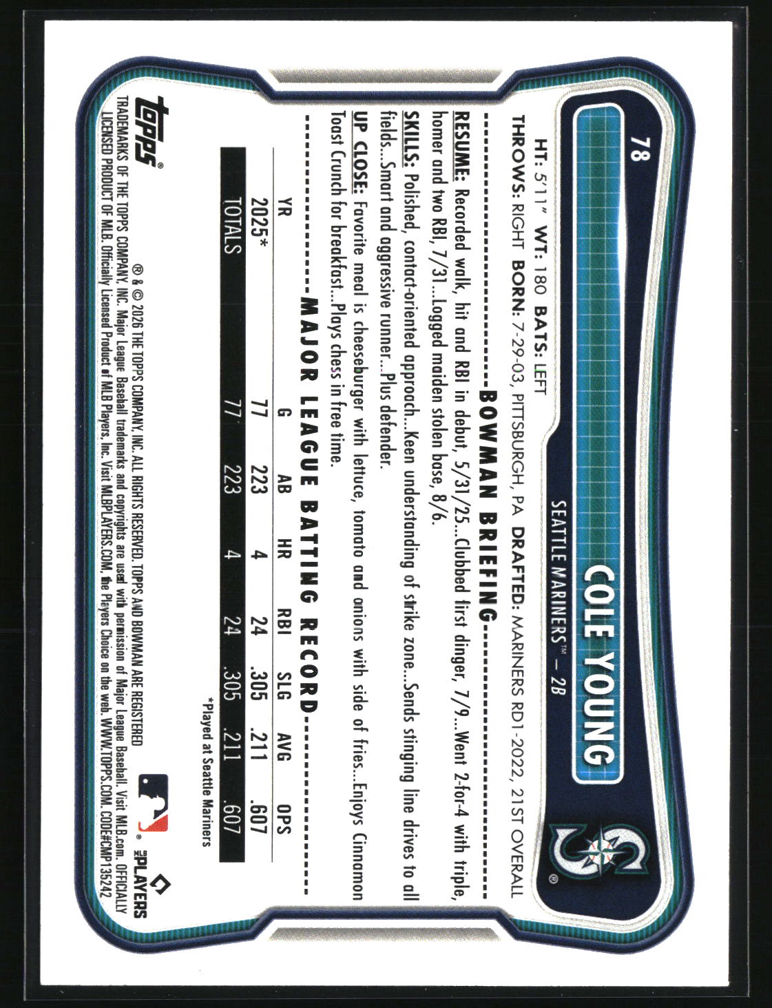 Cole Young 2026 Bowman #78