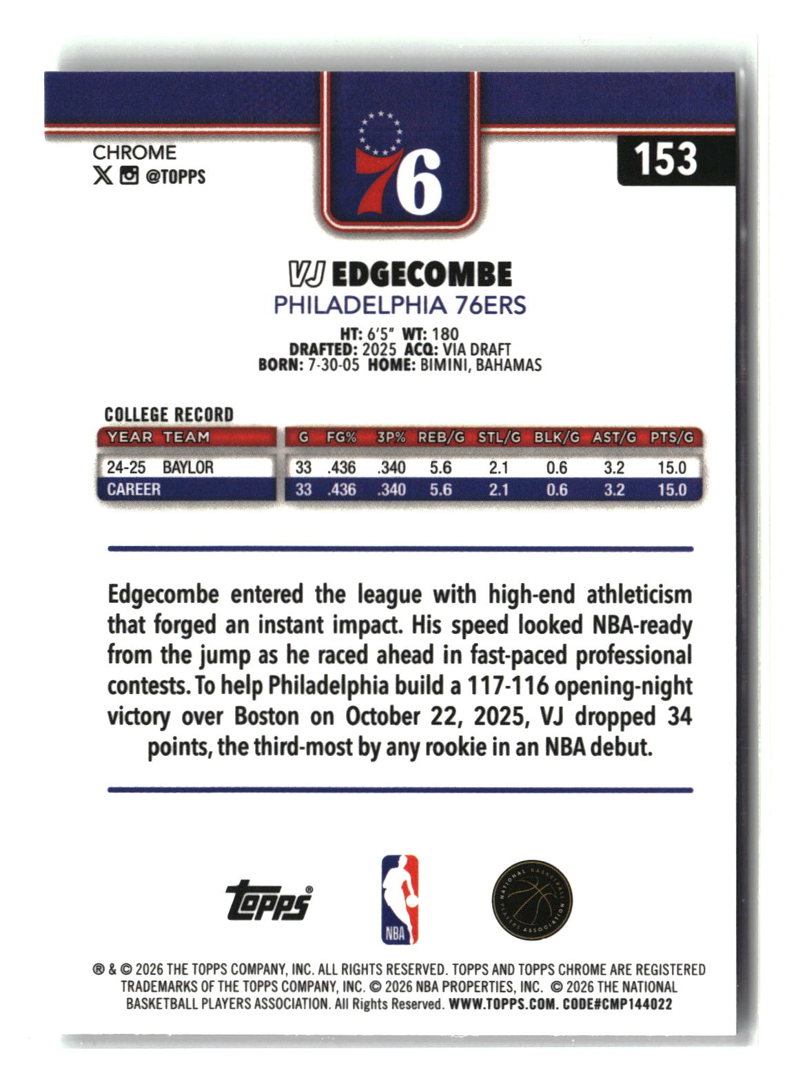 VJ Edgecombe 2025-26 Topps Chrome Update #153