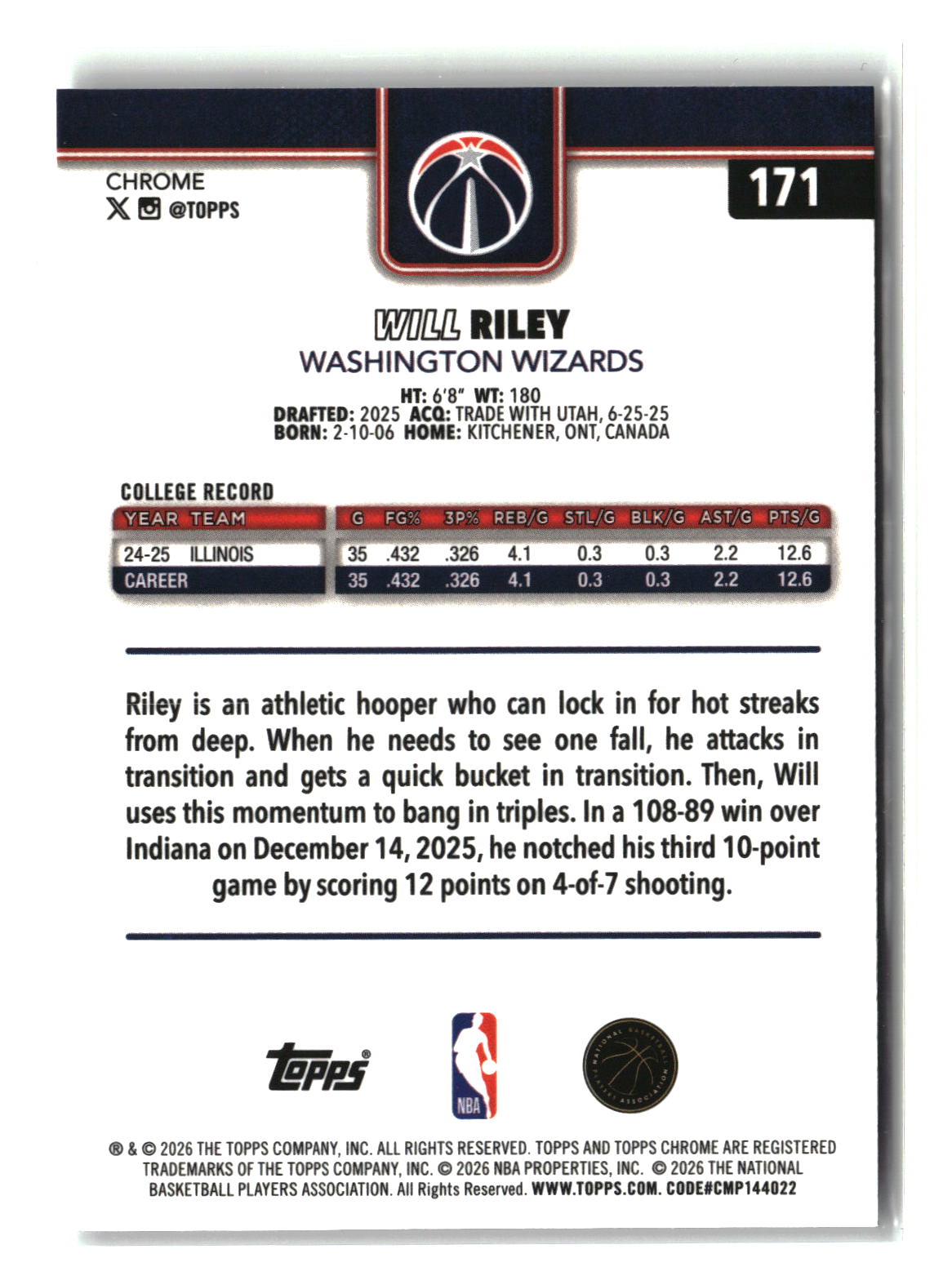 Will Riley 2025-26 Topps Chrome Update #171