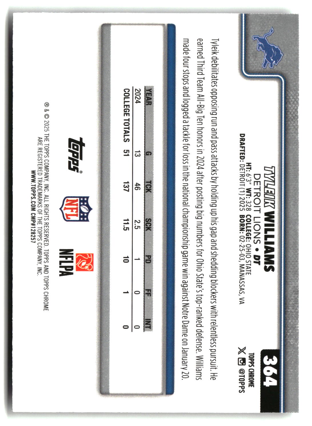 Tyleik Williams 2025 Topps Chrome #364