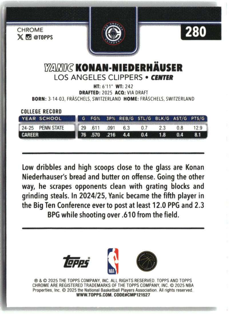 Yanic Konan Niederh�user 2025-26 Topps Chrome Prism Refractor #280
