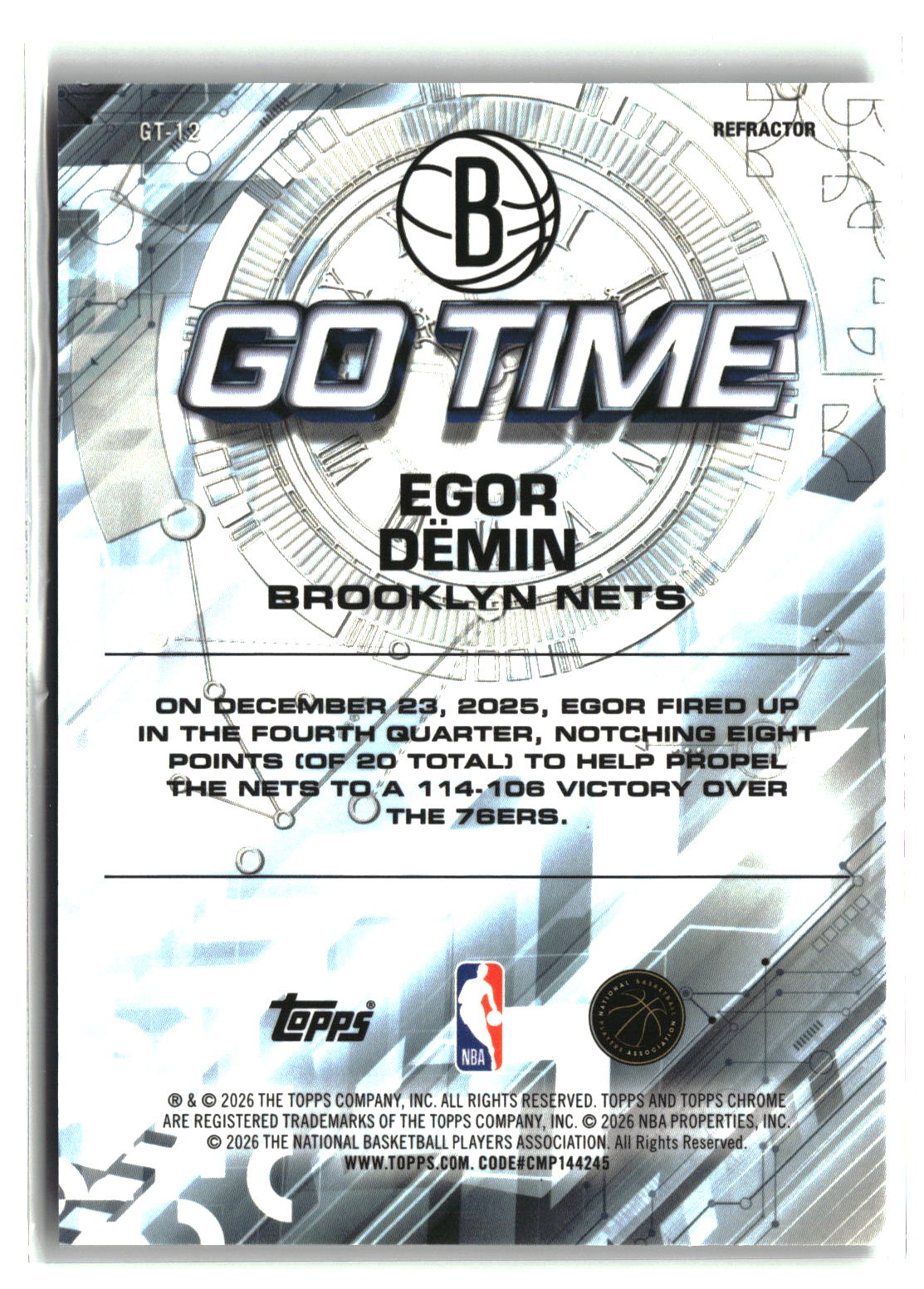 Egor Dëmin 2025-26 Topps Chrome Update Go Time Refractor #GT-12