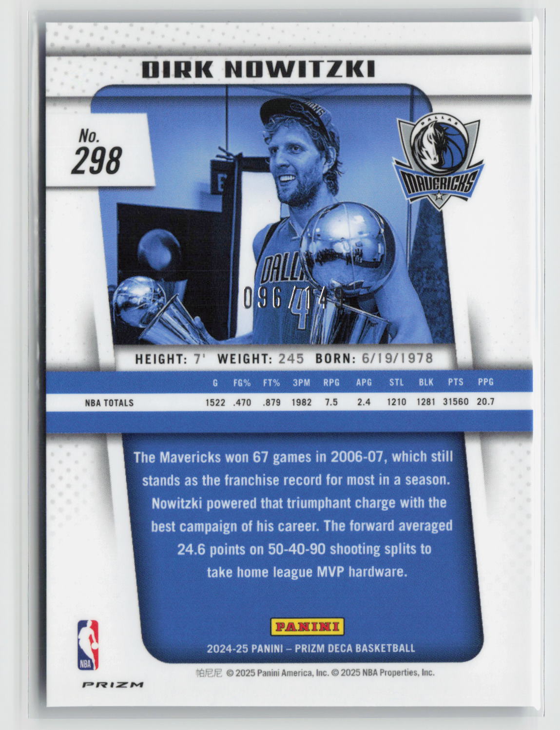 Dirk Nowitzki 2024-25 Panini Prizm Deca Blue #298 #/149