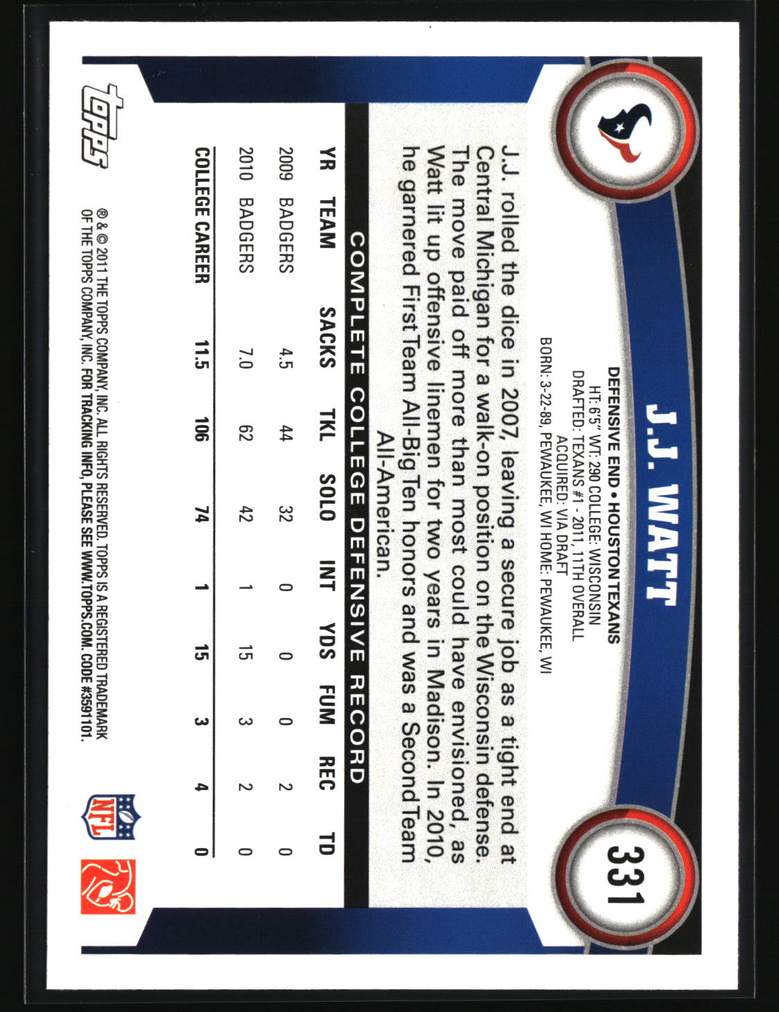 J.J. Watt 2011 Topps #331