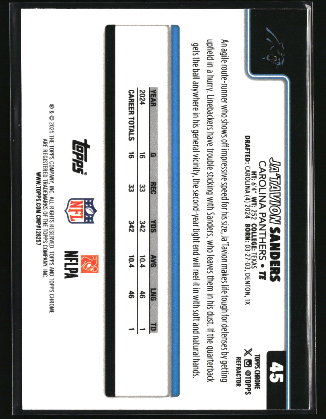 Ja'Tavion Sanders 2025 Topps Chrome - Topps Refractor #45