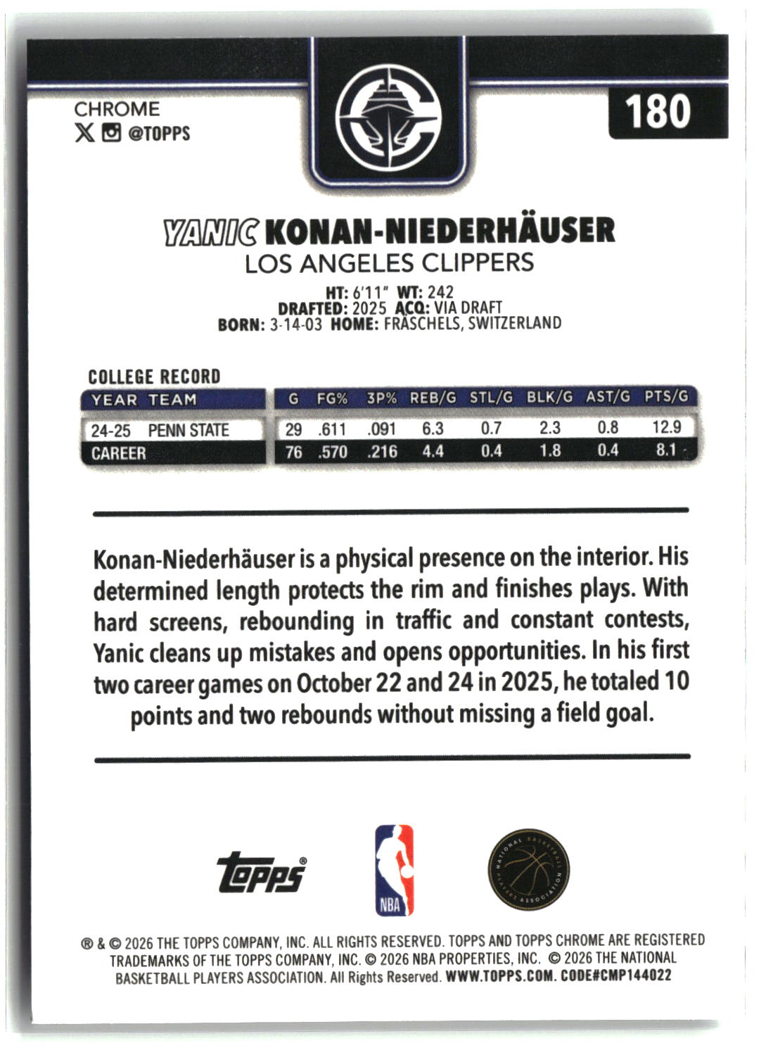 Yanic Konan-Niederhauser 2025-26 Topps Chrome Update #180