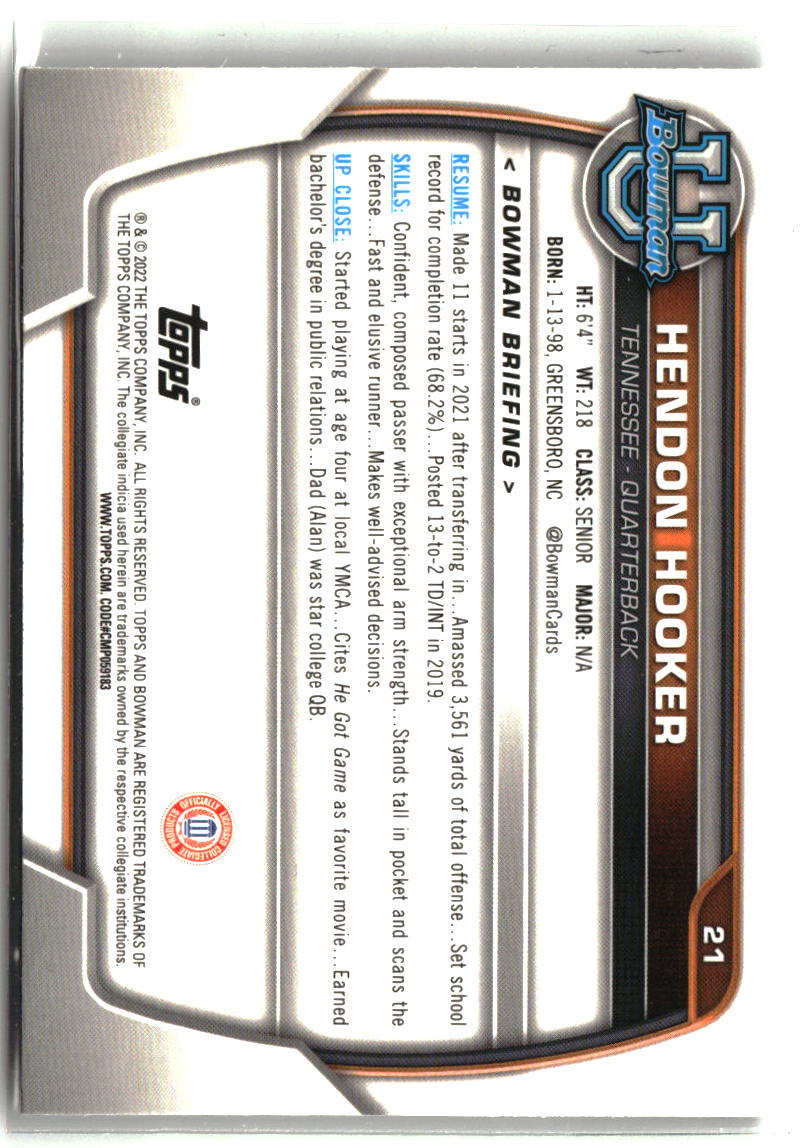 Hendon Hooker 2022 Bowman University Chrome #21