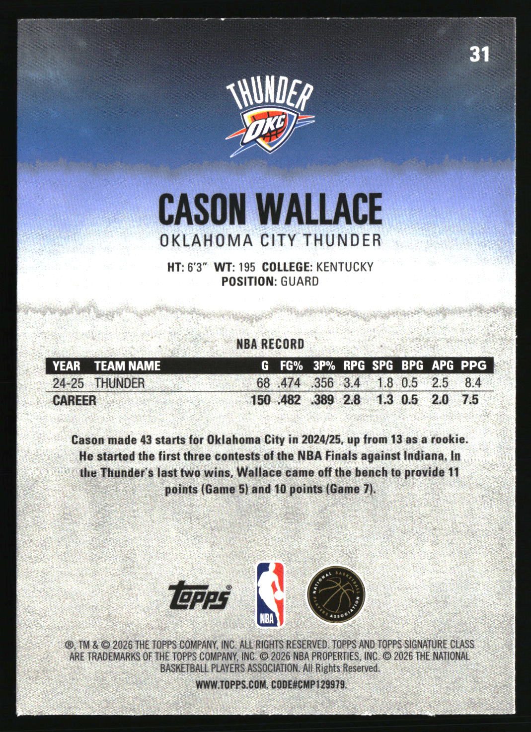 Cason Wallace 2025-26 Topps Signature Class #31