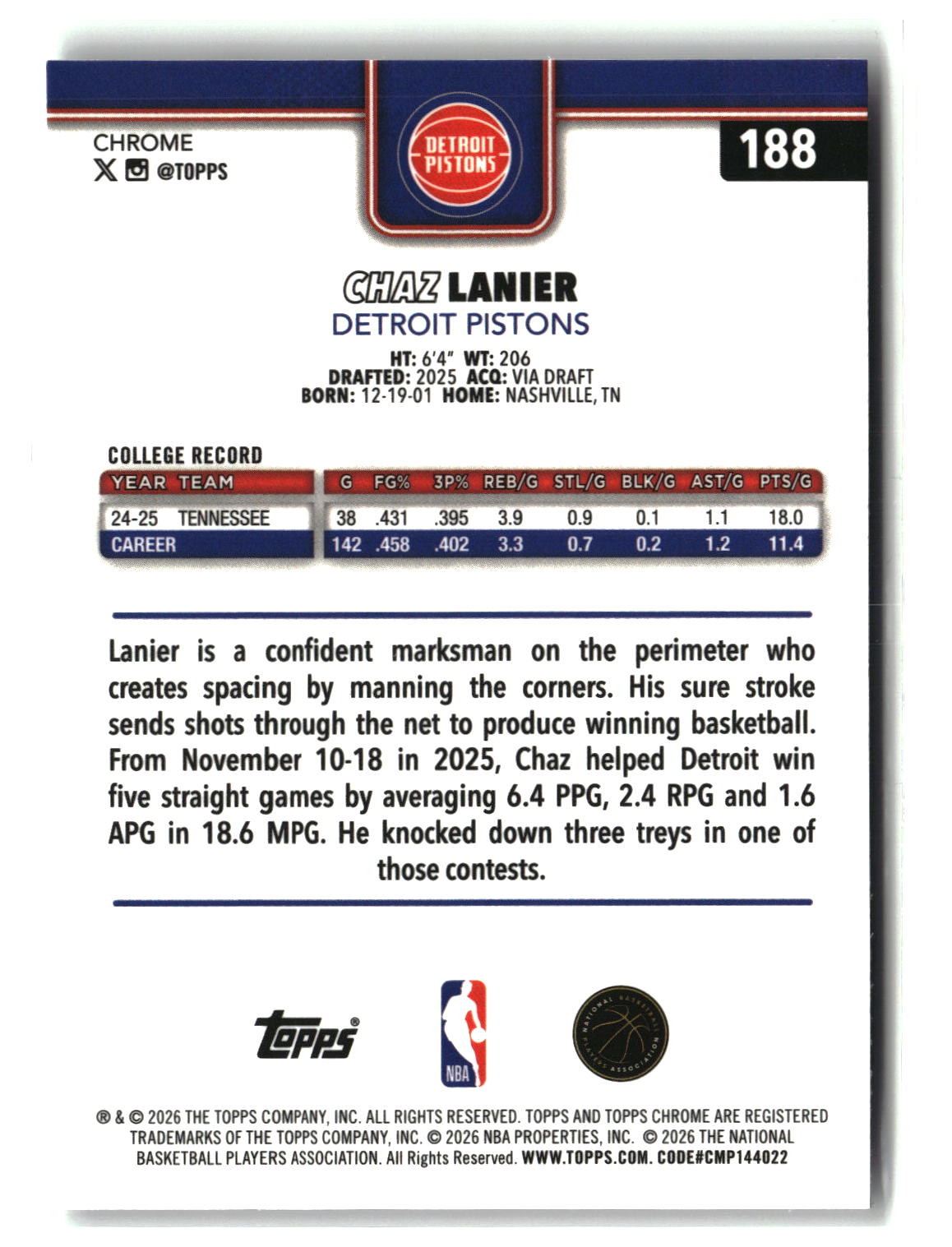 Chaz Lanier 2025-26 Topps Chrome Update #188
