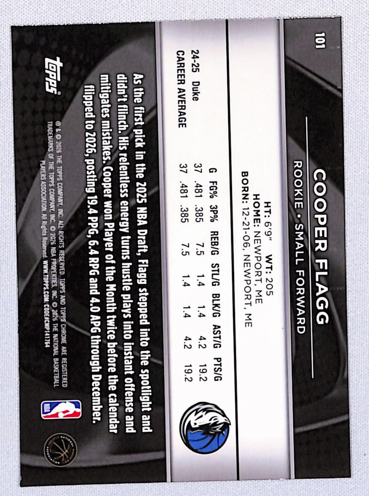 Cooper Flagg 2025-26 Topps Chrome Black #101