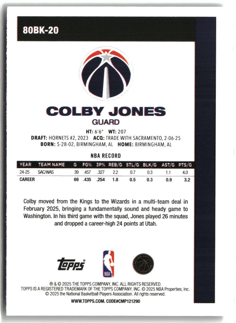 Colby Jones 2025-26 Topps 1980-81 Topps Basketball #80BK-20