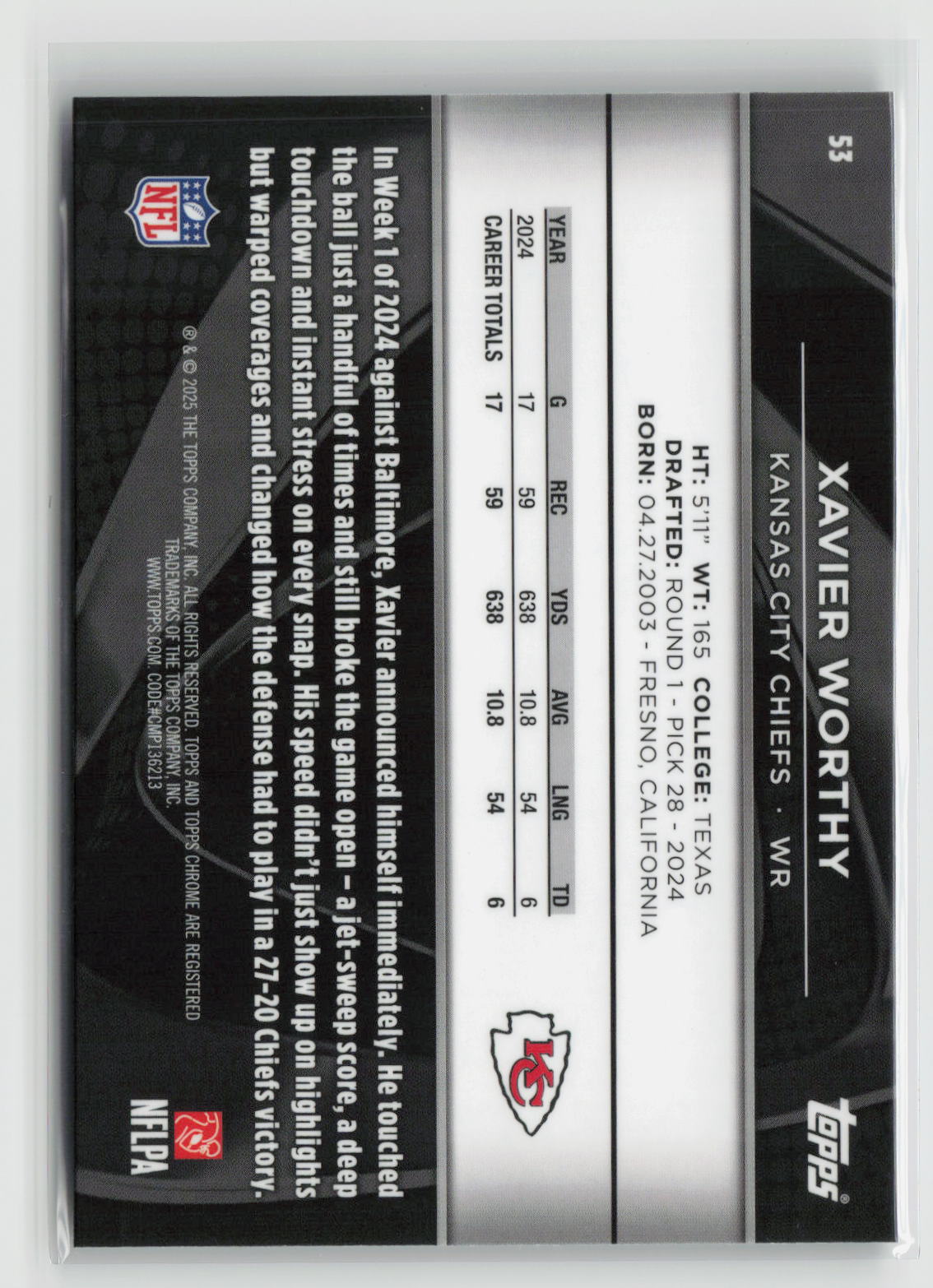 Xavier Worthy 2025 Topps Chrome Black #53