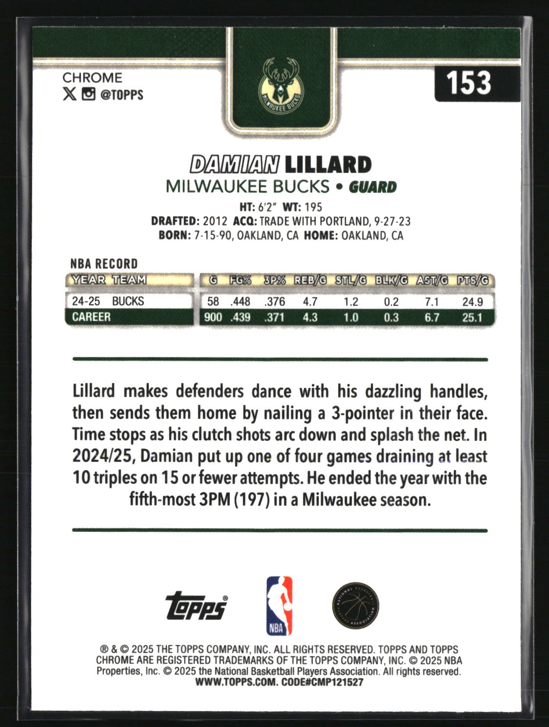 Damian Lillard 2025-26 Topps Chrome Red White and Blue Refractor #153