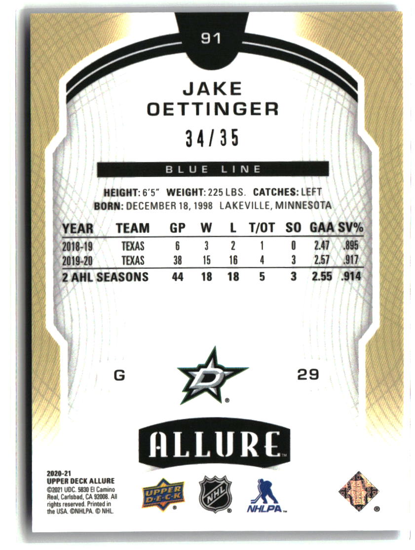 Jake Oettinger 2020-21 Upper Deck Allure Blue Line #91 #/35