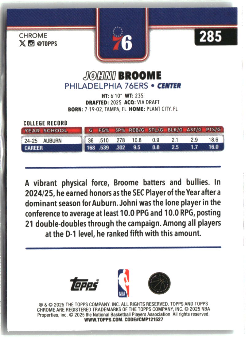 Johni Broome 2025-26 Topps Chrome #285