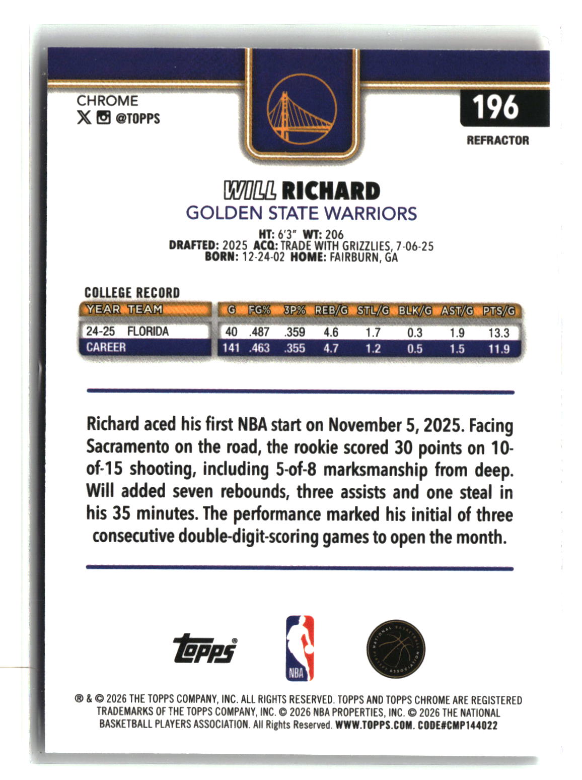 Will Richard 2025-26 Topps Chrome Update Refractor #196