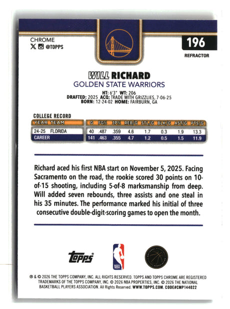 Will Richard 2025-26 Topps Chrome Update Refractor #196