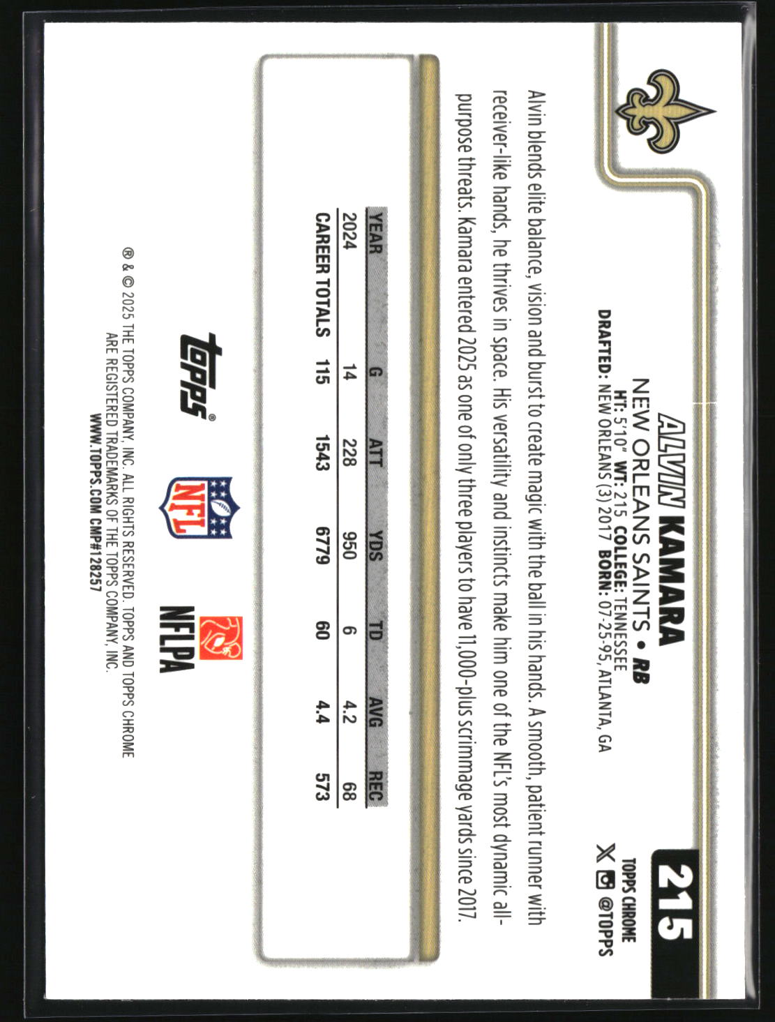 Alvin Kamara 2025 Topps Chrome Pulsar Refractor #215