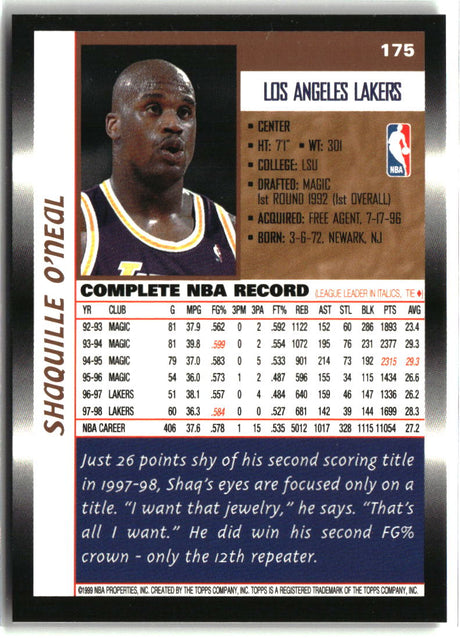 Shaquille O'Neal 1998-99 Topps #175