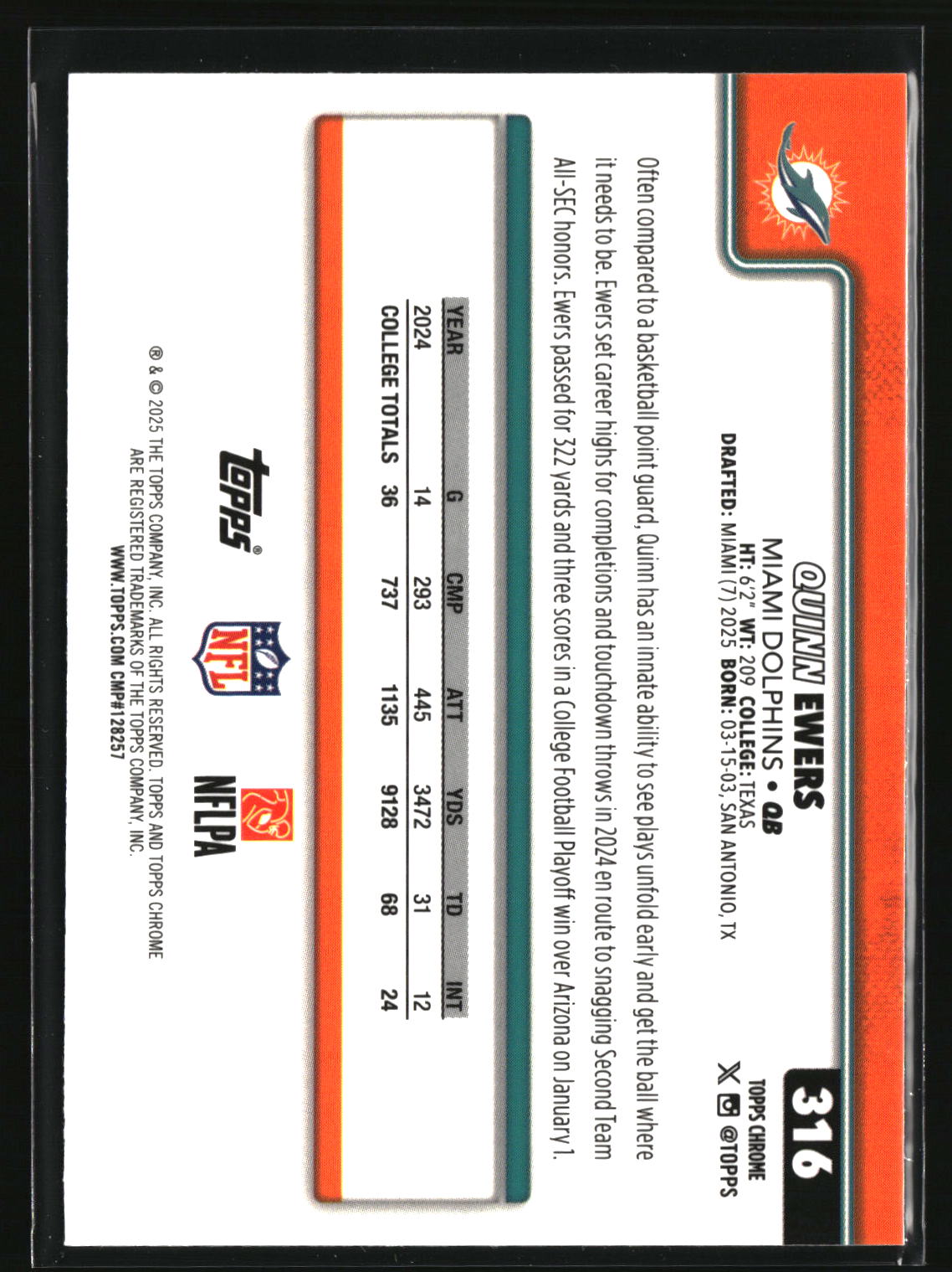 Quinn Ewers 2025 Topps Chrome #316
