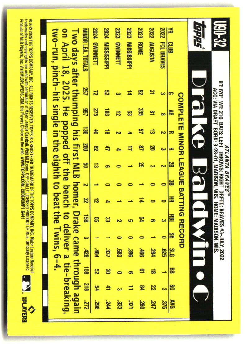 Drake Baldwin 2025 Topps Update 1990 Topps Baseball 35th Anniversary #U90-32