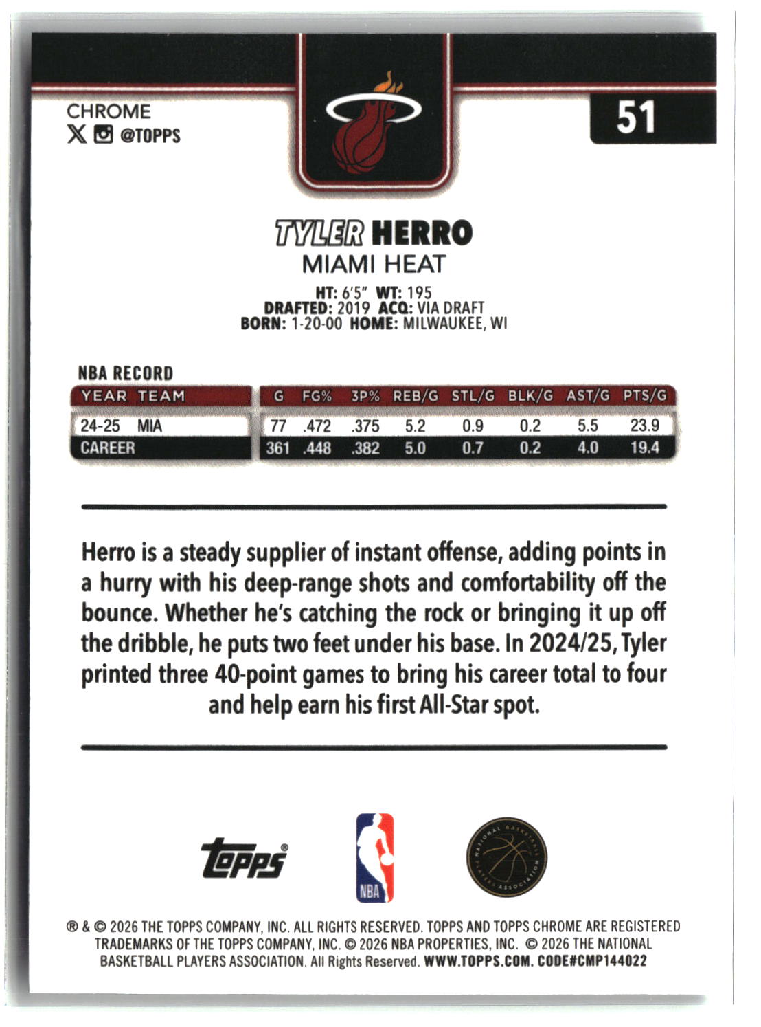 Tyler Herro 2025-26 Topps Chrome Update Wave Refractor #51