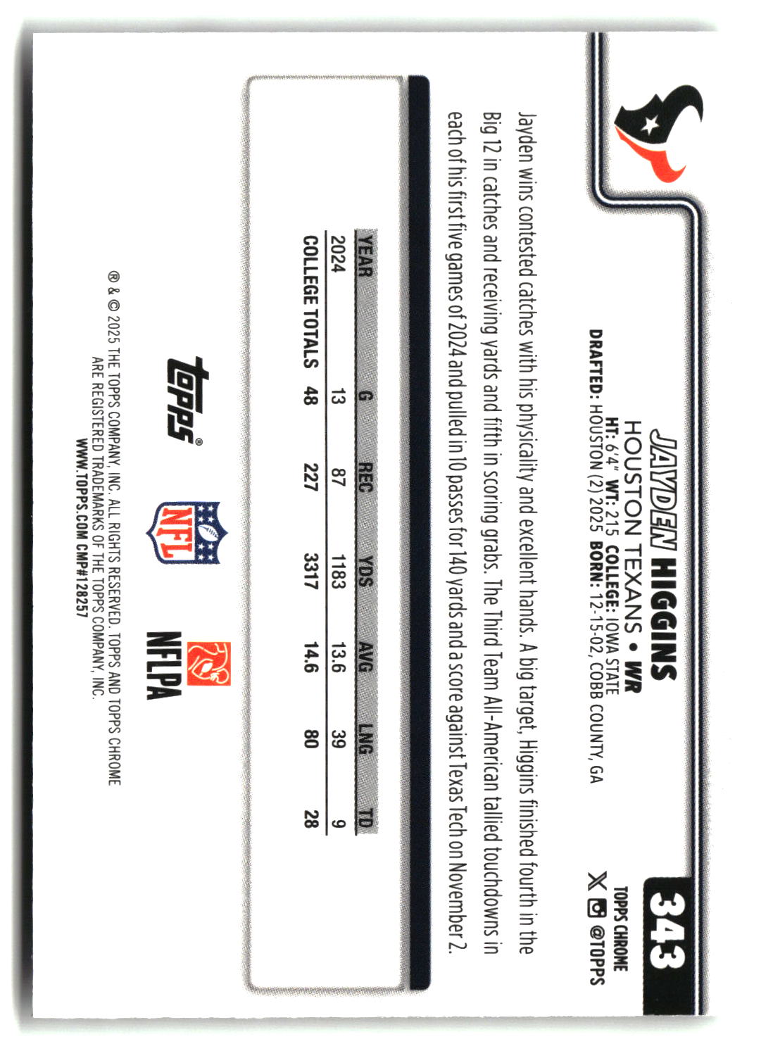Jayden Higgins 2025 Topps Chrome #343