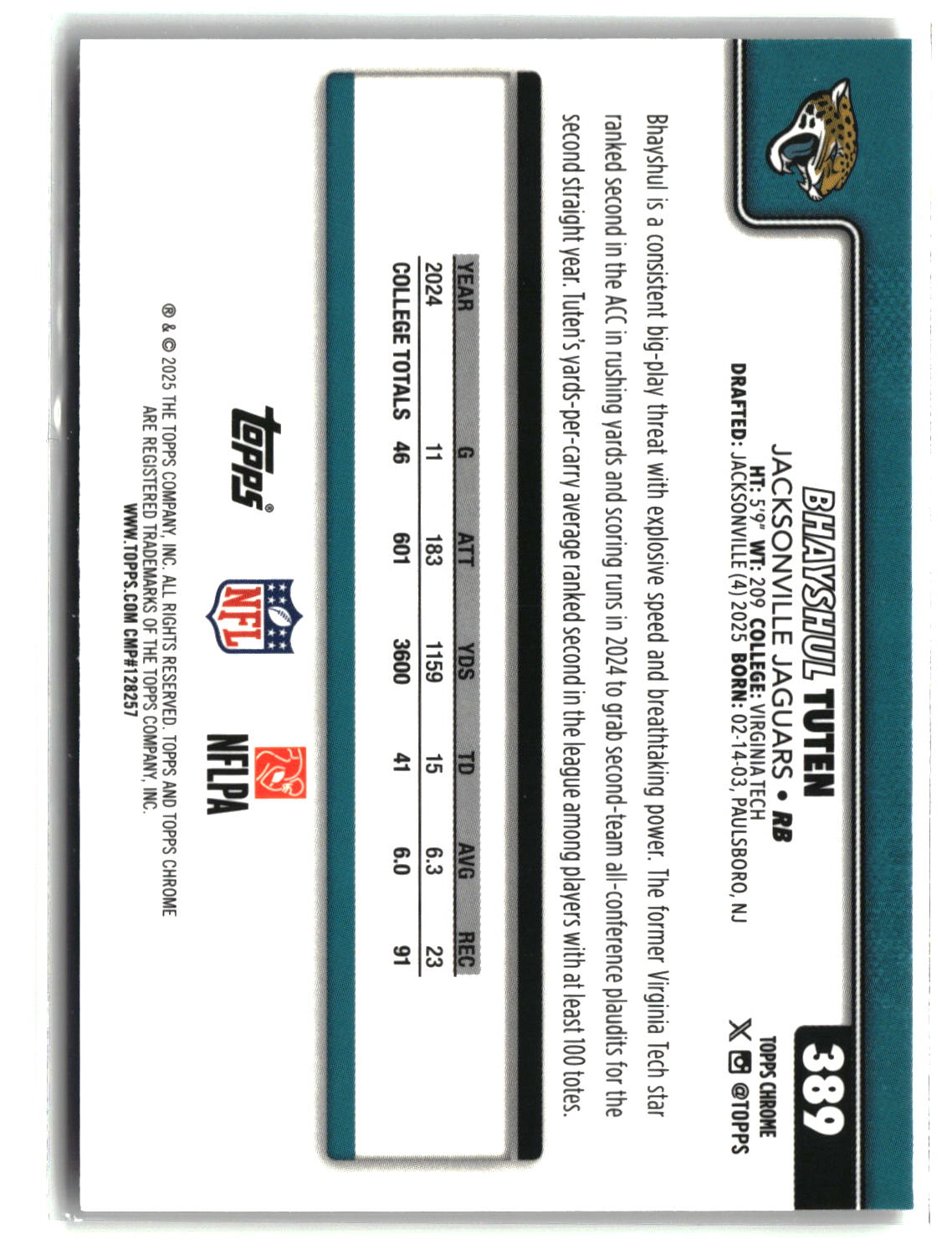 Bhayshul Tuten 2025 Topps Chrome Football Leather Refractor #389
