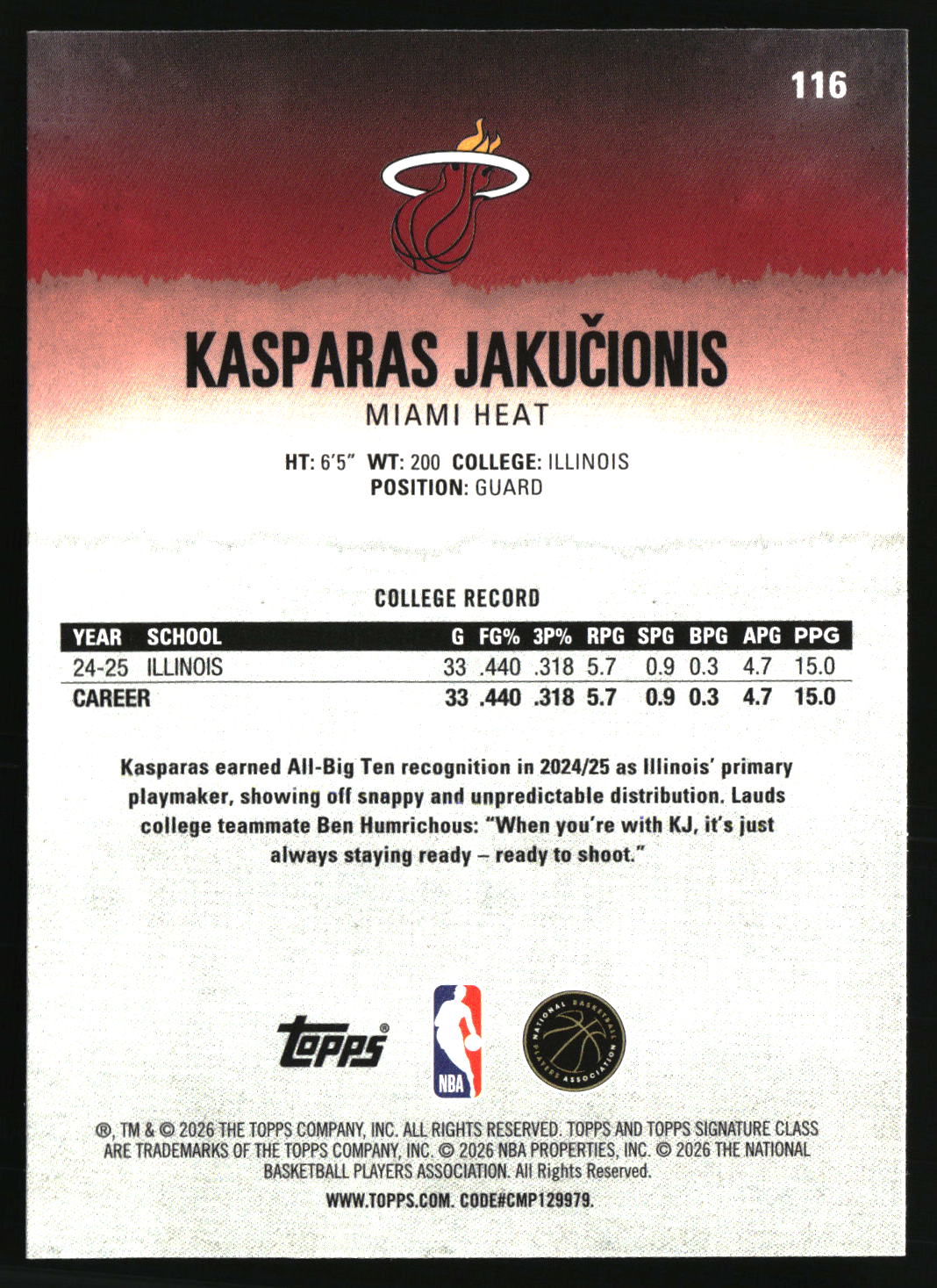 Kasparas Jakucionis 2025-26 Topps Signature Class #116