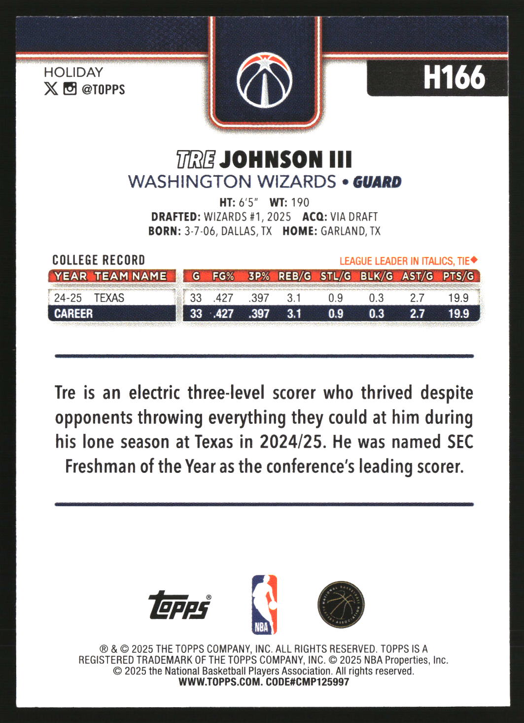 Tre Johnson III 2025-26 Topps Holiday #H166