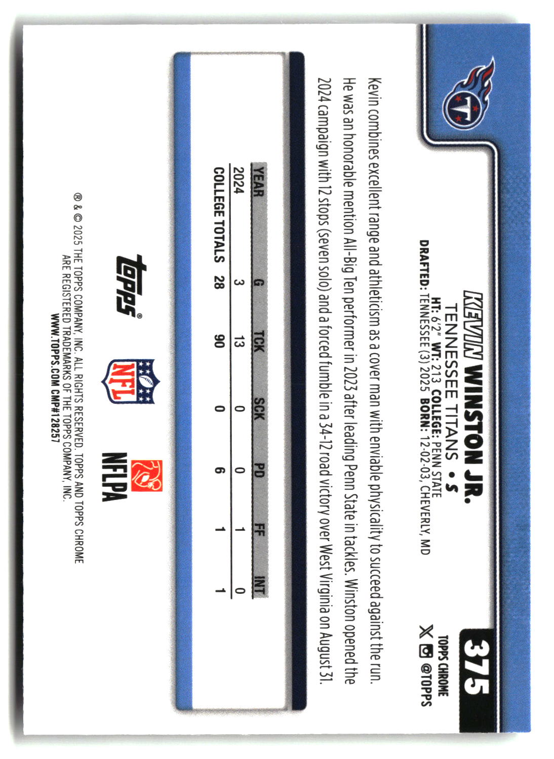 Kevin Winston Jr. 2025 Topps Chrome #375