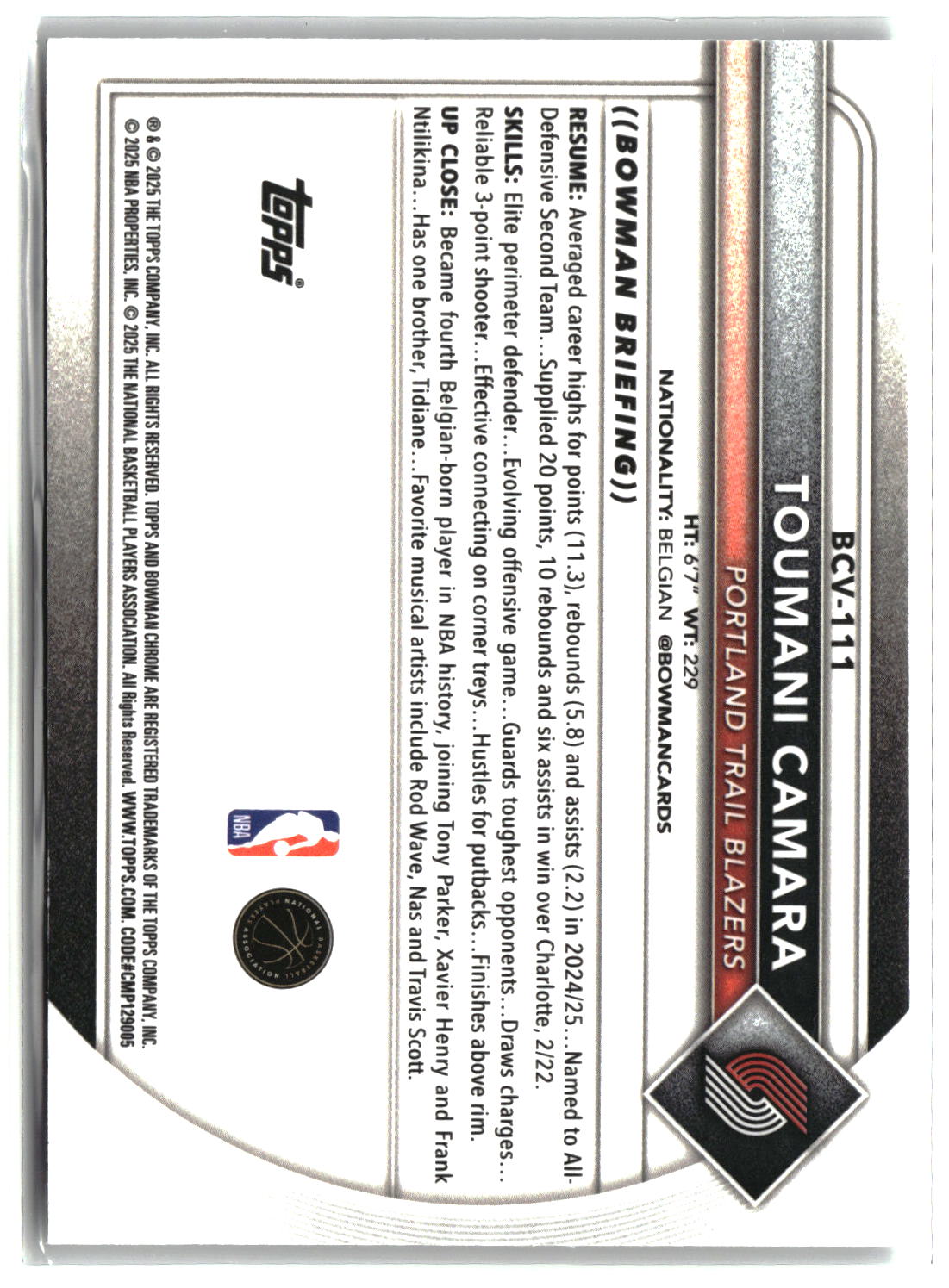 Toumani Camara 2025-26 Bowman Chrome Mini-Diamond Refractors #BCV-111