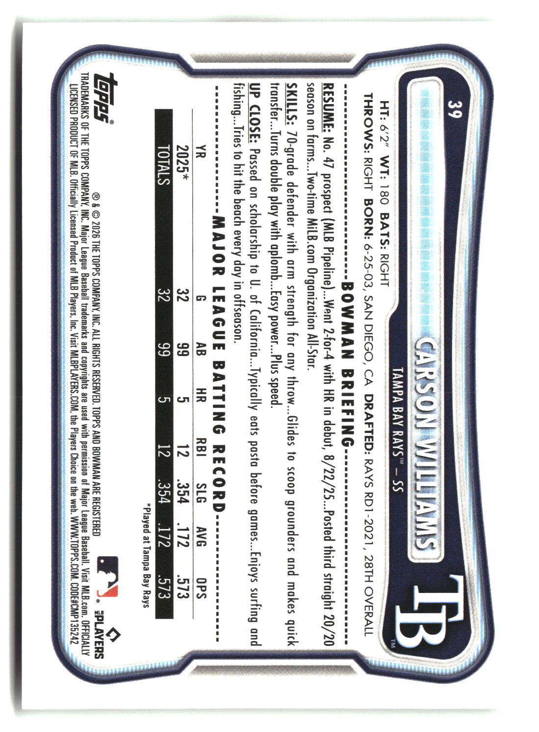 Carson Williams 2026 Bowman #39