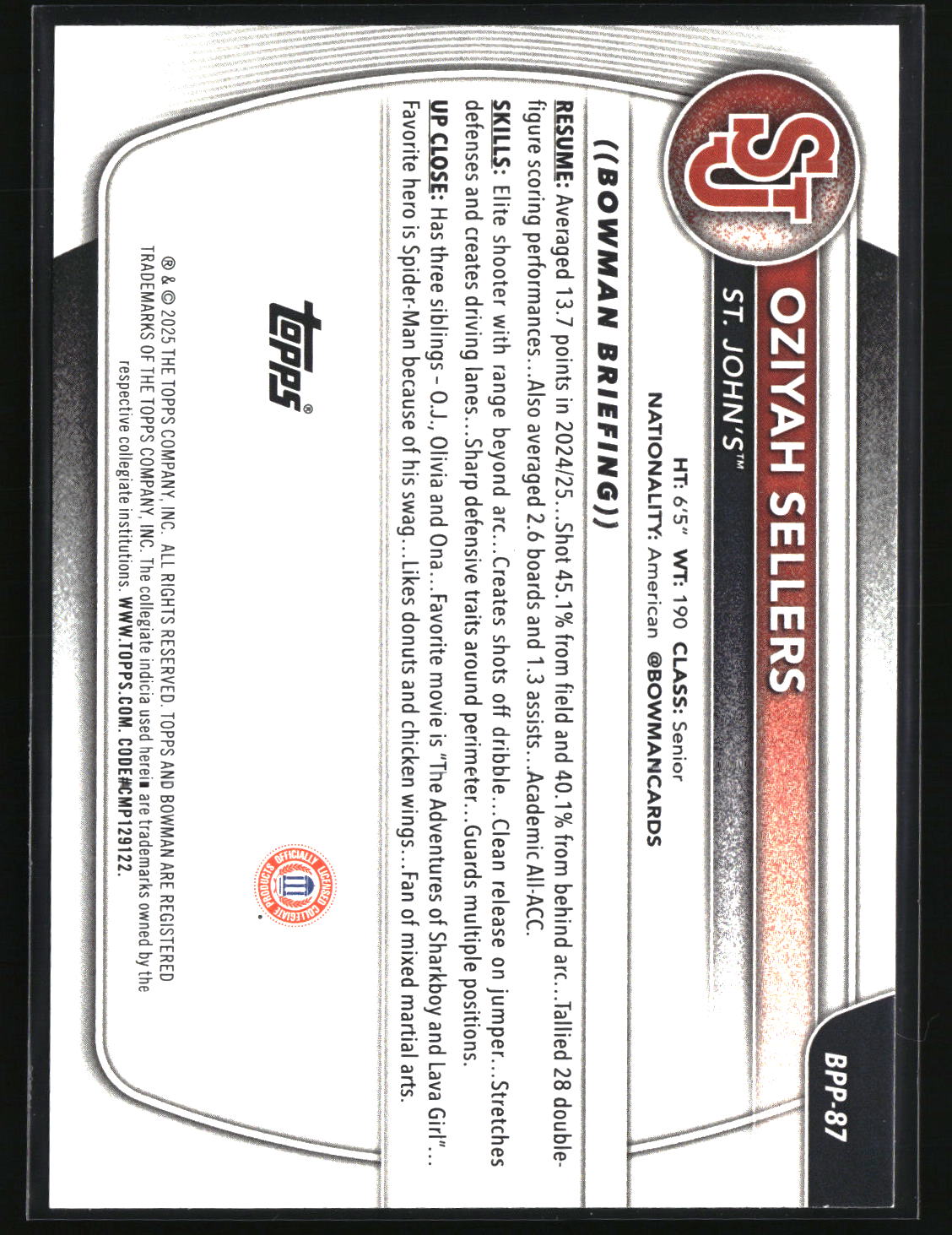 Oziyah Sellers 2025-26 Bowman Prospects #BPP-87