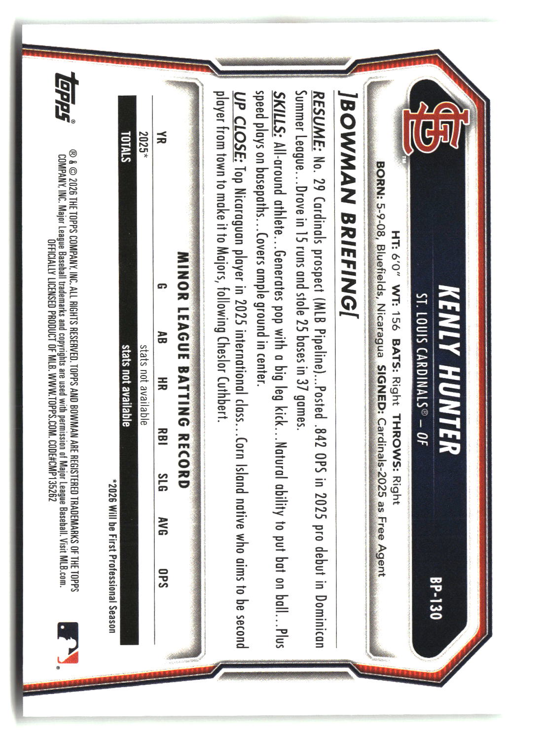Kenly Hunter 2026 Bowman Prospects #BP-130