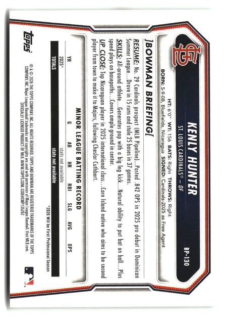 Kenly Hunter 2026 Bowman Prospects #BP-130